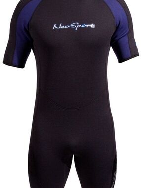NeoSport Men’s Short-Sleeve Swim Bodysuit in Black and Navy Size L